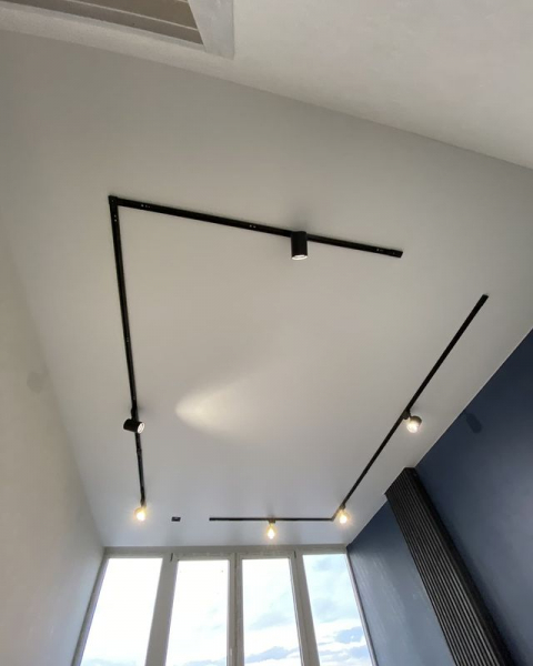 Пример натяжного потолка с трековыми светильниками в зал